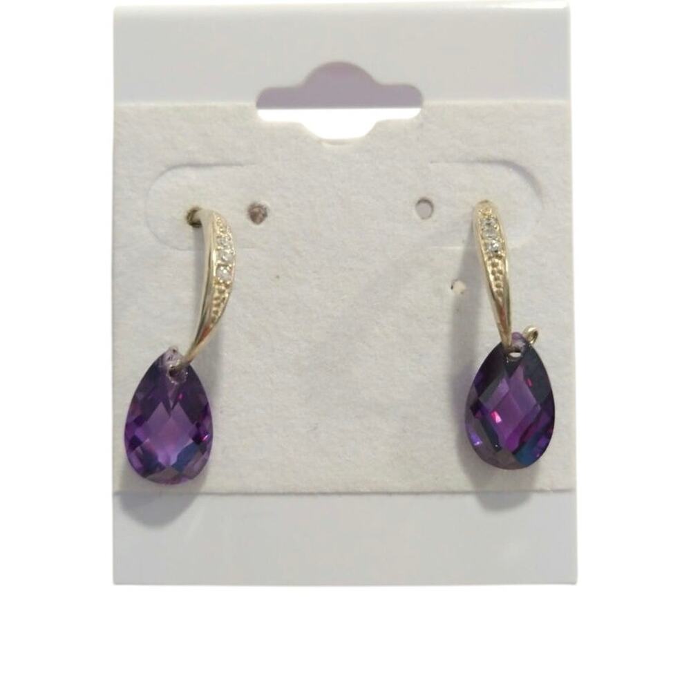 NV 925 Sterling Silver Dangle Drop Earrings  Pear Amethyst CZ Lever Back Signed